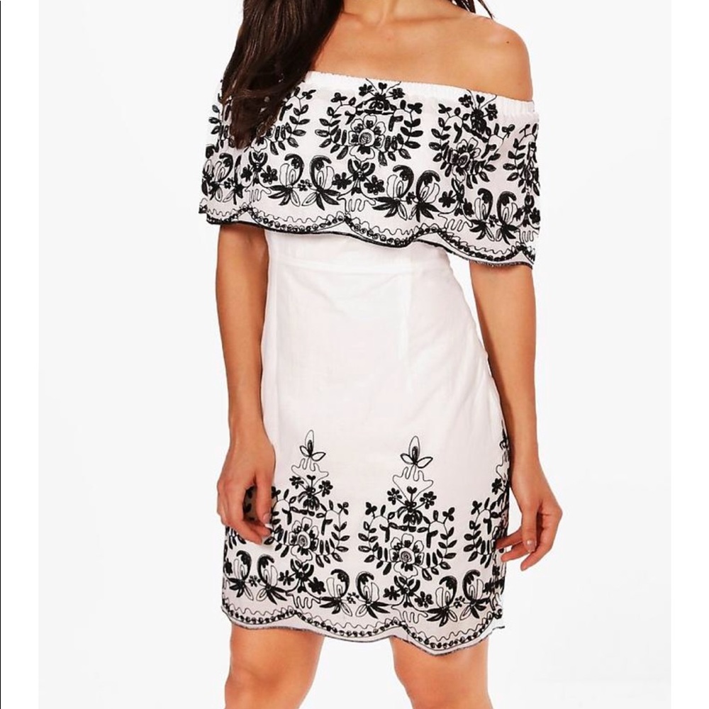 Boohoo Embroidered Hem White Bodycon Dress